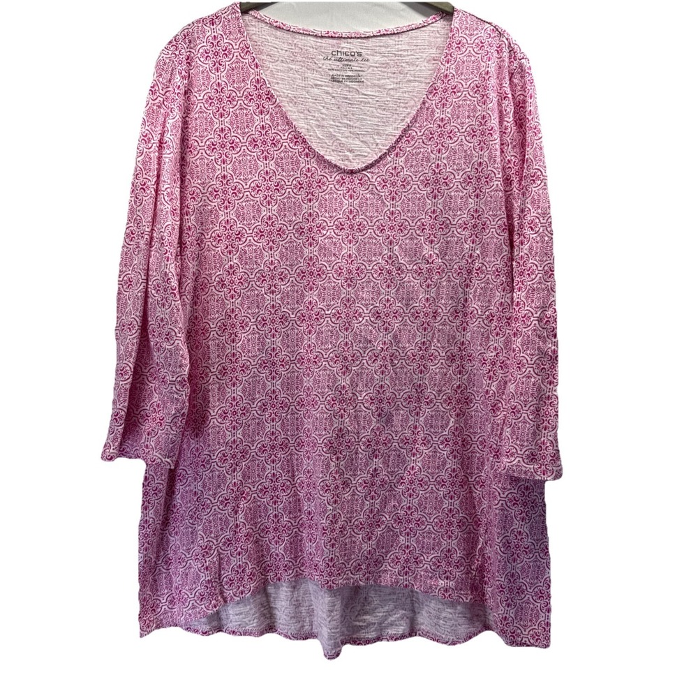 Chicos Women's Ultimate Tee Size Large Pink White 3/4‎ Sleeves Pullover Knit